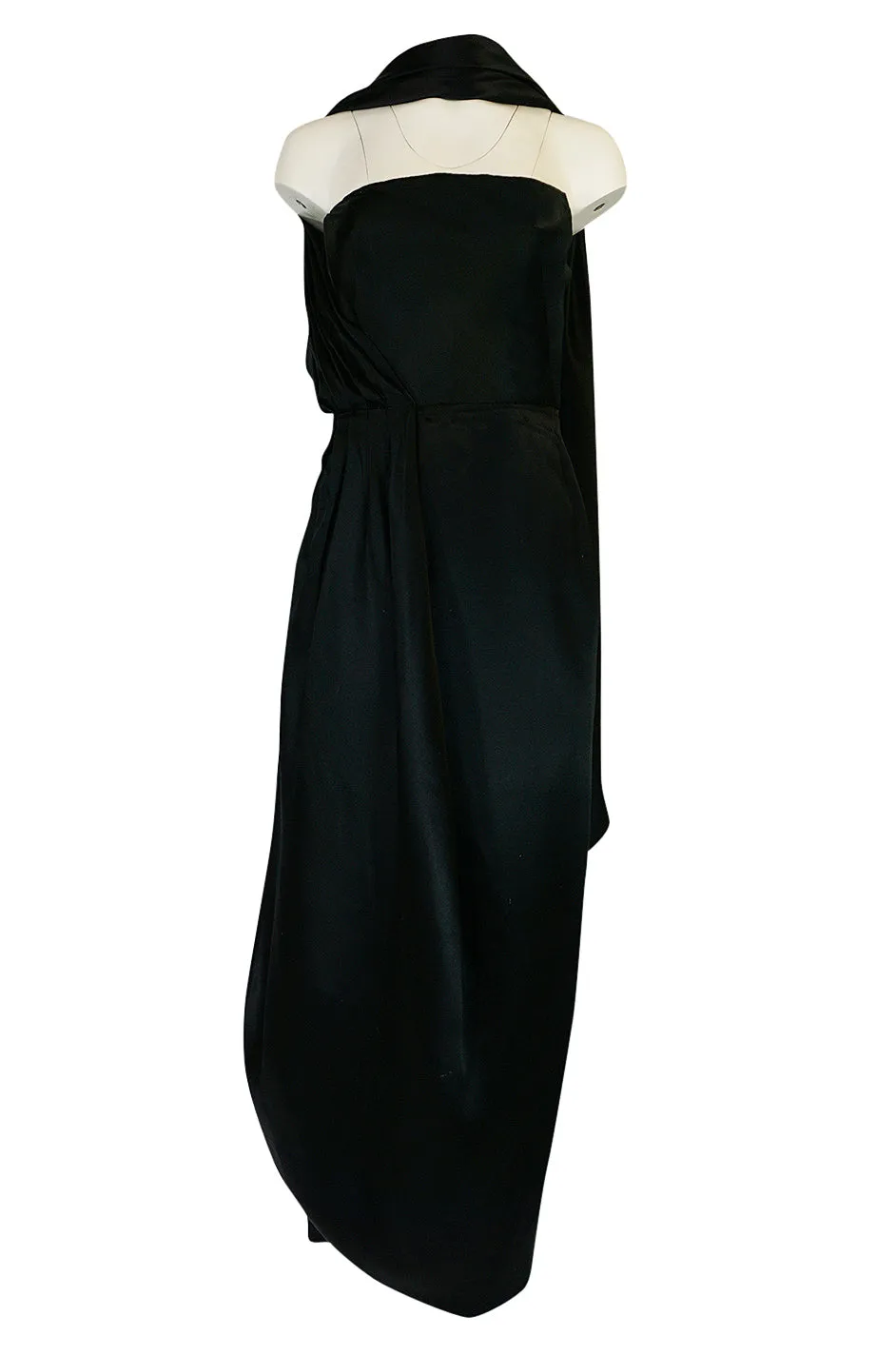 1940s Jacques Griffe Haute Couture Draped Black SIlk Satin Dress