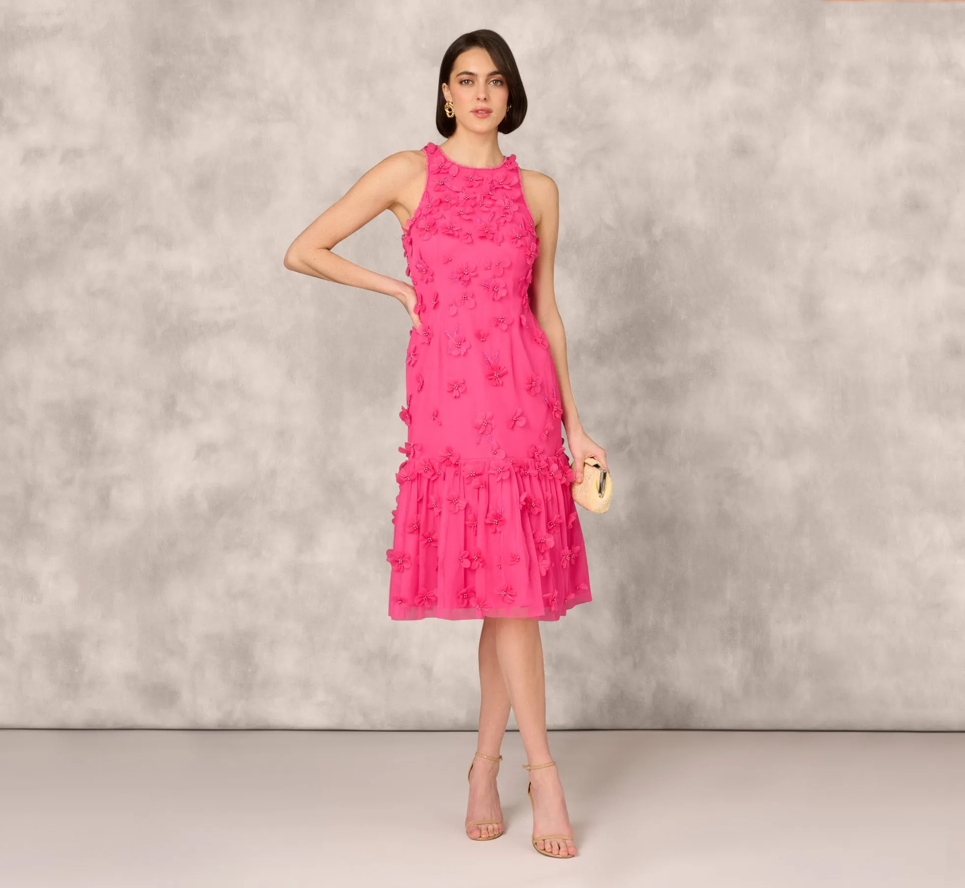 3D Floral And Bead Embellished Midi Dress With Flounce Skirt In Electric Pink