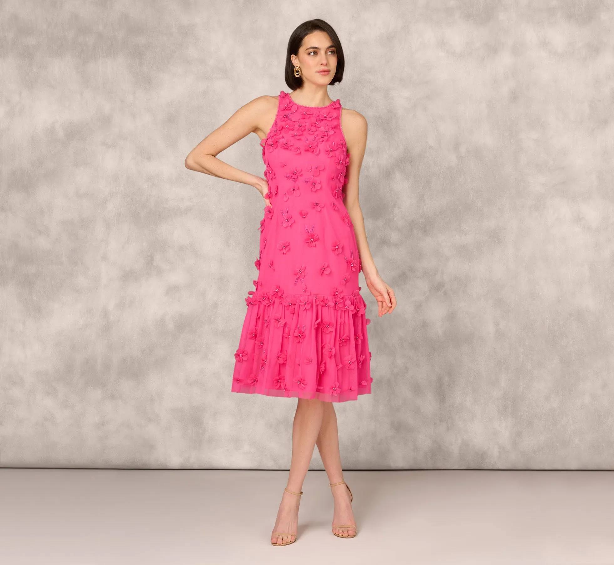 3D Floral And Bead Embellished Midi Dress With Flounce Skirt In Electric Pink