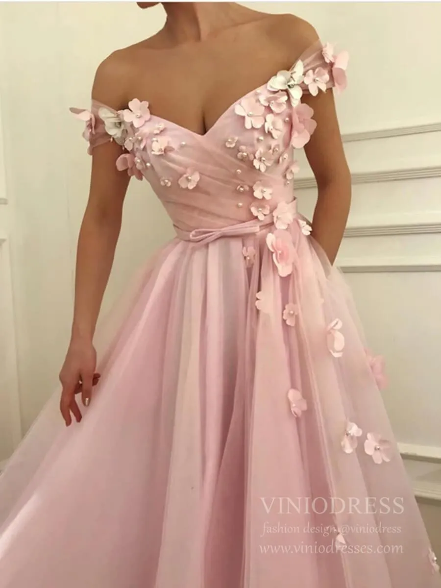 3D Floral Appliqued Pink Long Prom Dresses Off the Shoulder Sleeves FD1674