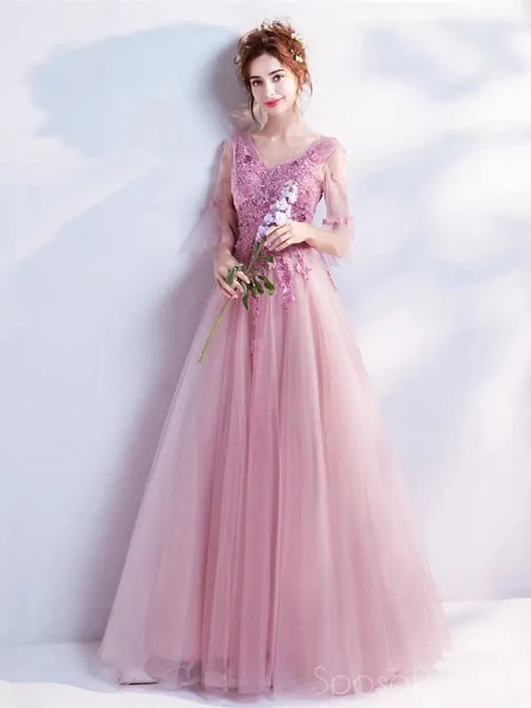 A-line Applique V Neck Long Sleeves Prom Dresses, Sweet 16 Prom Dresses, 12472