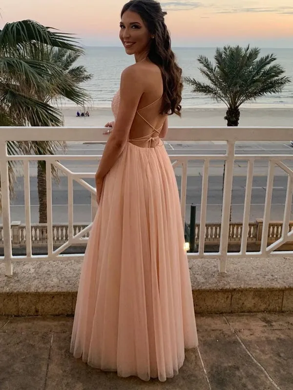 A Line Backless Pink Lace Long Prom Dresses, Pink Lace Formal Dresses, Pink Evening Dresses