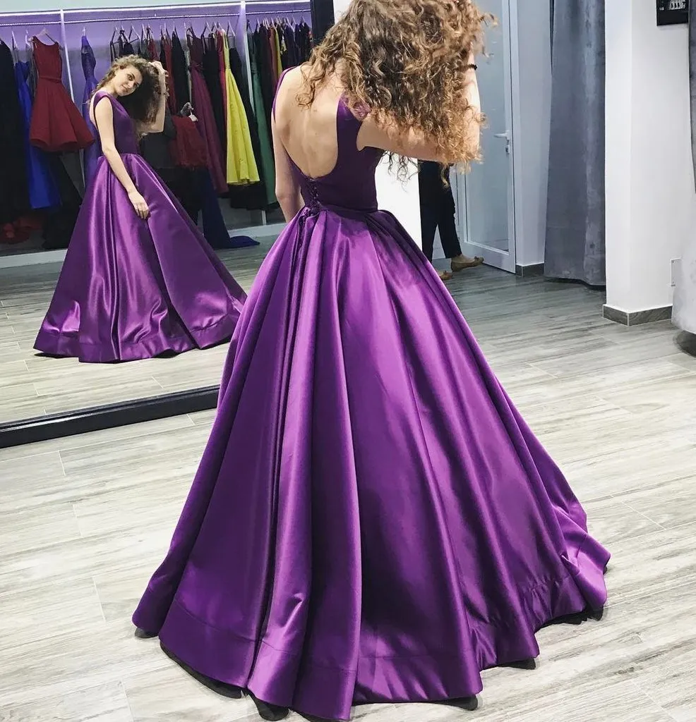 A-line Bateau Long Purple Satin Prom Dresses ,Cheap Prom Dresses,PDY0424