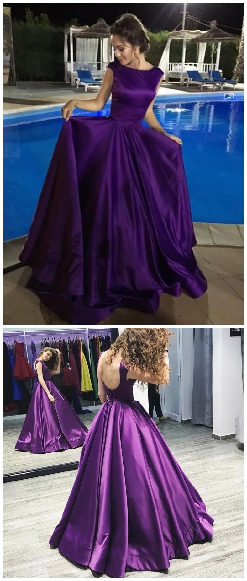 A-line Bateau Long Purple Satin Prom Dresses ,Cheap Prom Dresses,PDY0424