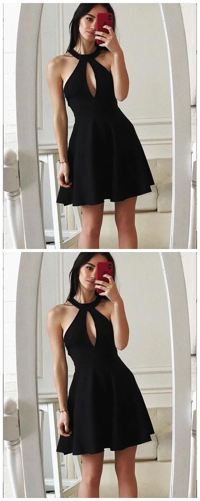 A-Line High Neck Black Homecoming Dress ,Short Prom Dresses,BDY0363