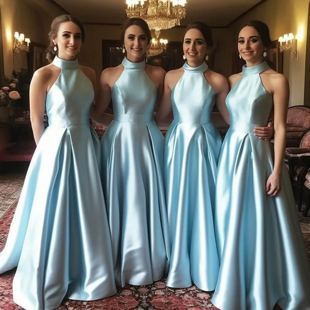 A Line Hot Halter Blue Satin Bridesmaid Dresses Sleeveless Wedding Party Dresses,BD240616