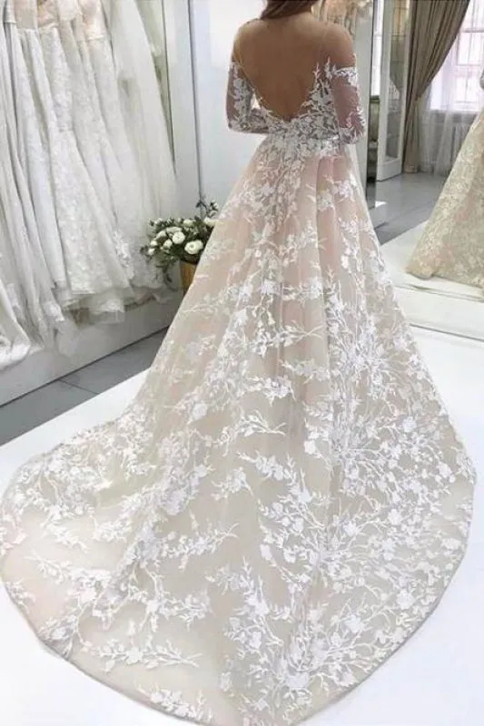 A Line Lace Tulle Open Back Long Sleeves Wedding Dress