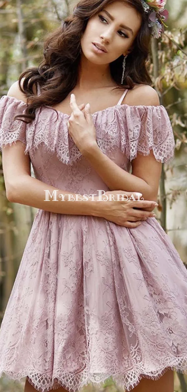 A-Line Purple Lace Homecoming Dress with Ruffles,Short Prom Dresses,BDY0361