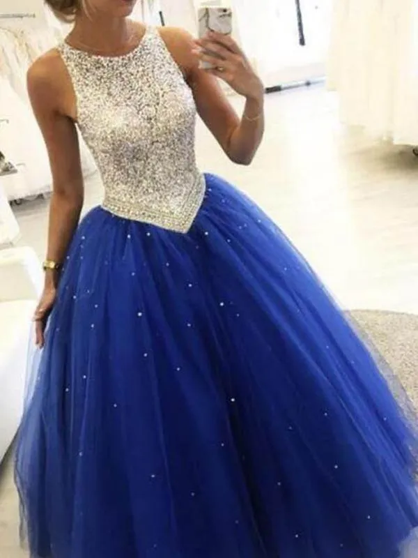 A-line Royal Blue Beaded Ball Gown Prom Party Dresses,Cheap Prom Dresses,PDY0520