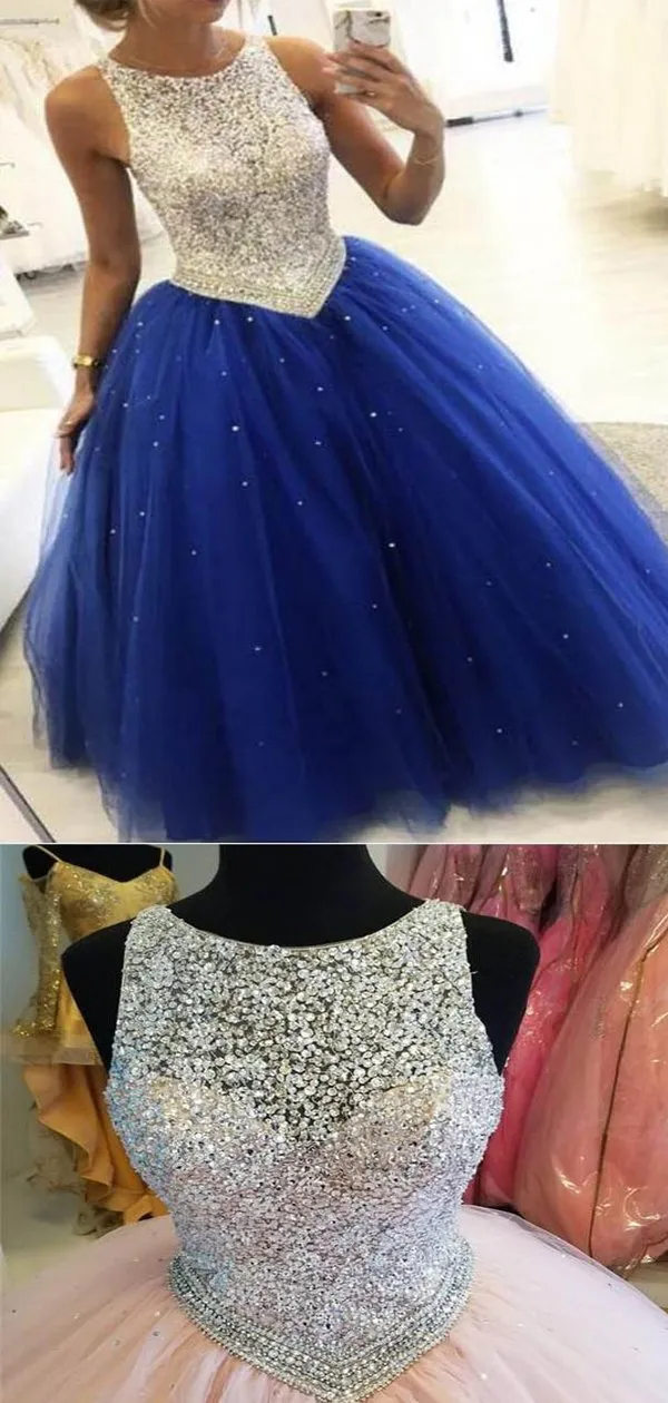 A-line Royal Blue Beaded Ball Gown Prom Party Dresses,Cheap Prom Dresses,PDY0520