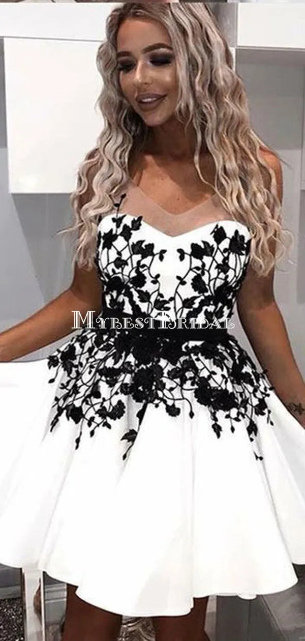 A-Line Scoop Homecoming Dress With Black Applique,Short Prom Dresses,BDY0356