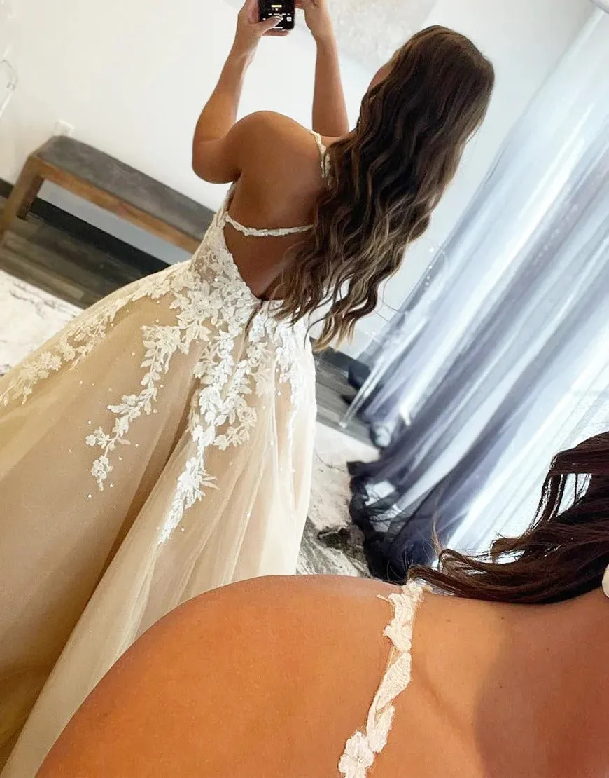 A-Line Sexy Backless Long Prom Dresses With Appliques,BD930635