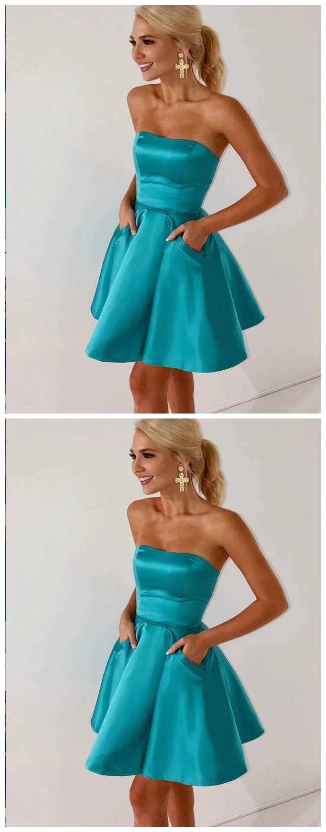 A-Line Strapless Blue Satin Homecoming Dress with Pockets,Short Prom Dresses,BDY0358