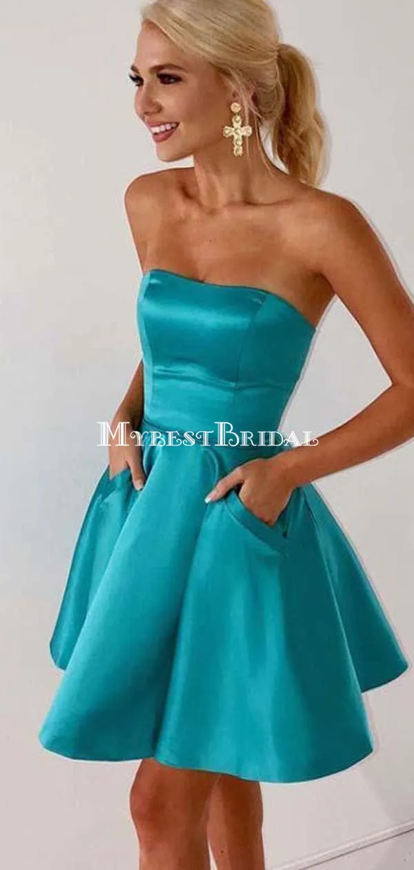 A-Line Strapless Blue Satin Homecoming Dress with Pockets,Short Prom Dresses,BDY0358