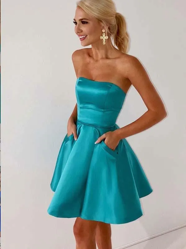 A-Line Strapless Blue Satin Homecoming Dress with Pockets,Short Prom Dresses,BDY0358