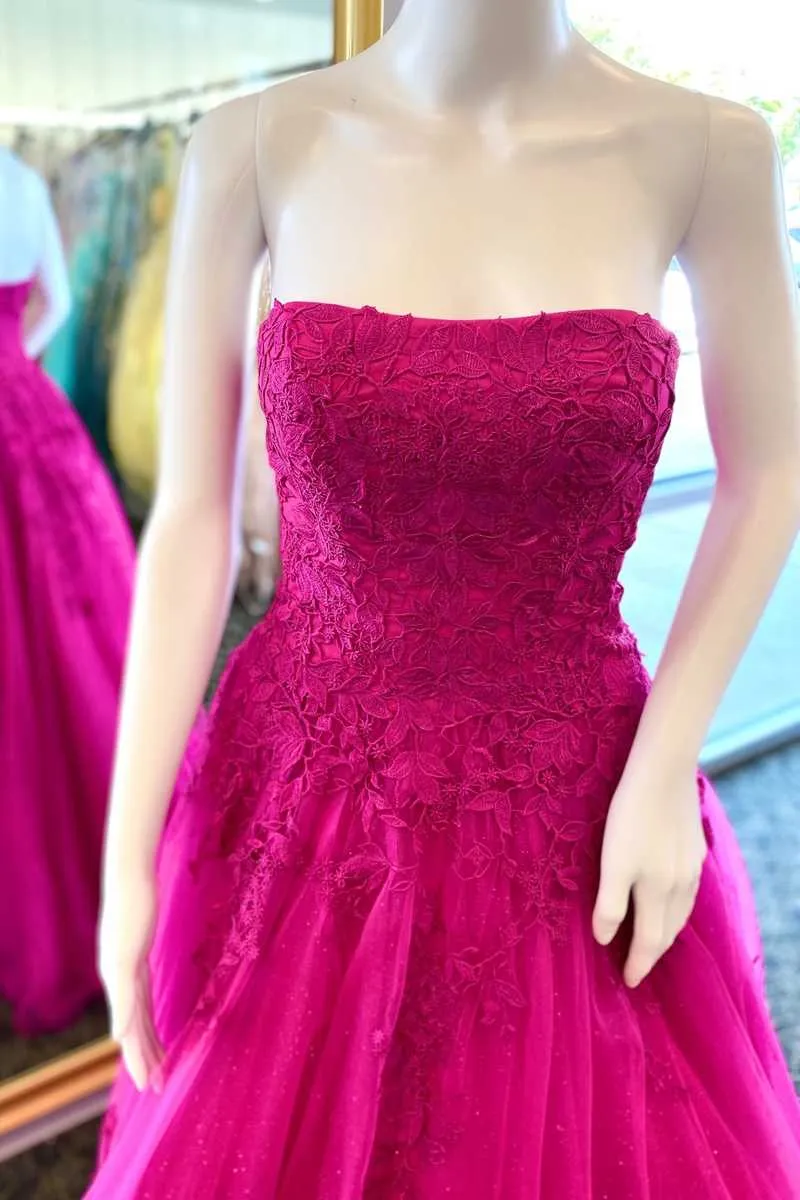 A-Line Strapless Fuchsia Appliques Long Formal Dress Y832