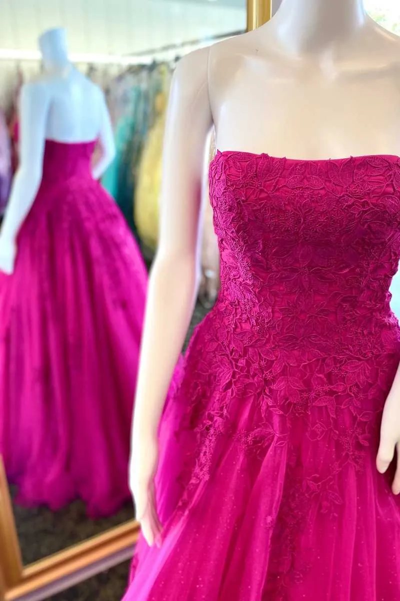 A-Line Strapless Fuchsia Appliques Long Formal Dress Y832