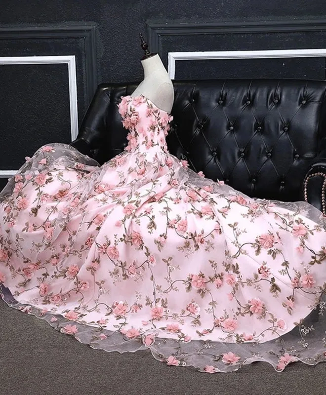 A Line Strapless Open Back 3D Pink Lace Prom Dresses, Pink Formal Graduation Evening Dresses with 3D