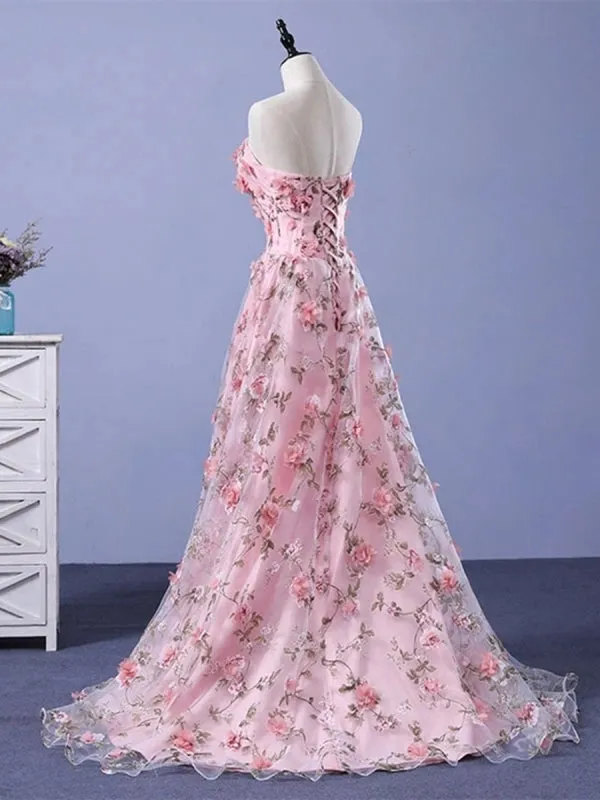 A Line Strapless Open Back 3D Pink Lace Prom Dresses, Pink Formal Graduation Evening Dresses with 3D