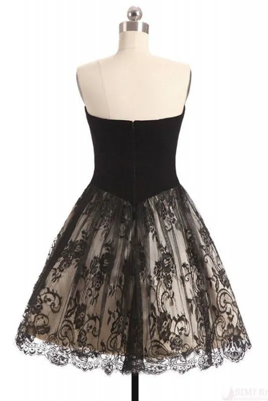 A Line Sweetheart Lace Homecoming Dress Black Short Strapless Prom Dresses