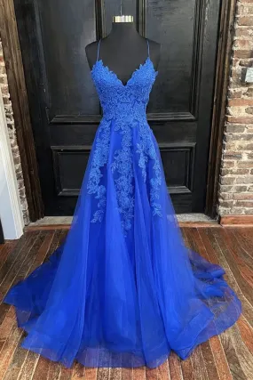 A Line V Neck Blue Tulle Lace Long Prom Dresses, V Neck Blue Formal Dresses, Blue Lace Evening Dresses Y1268