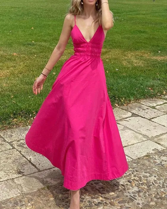 A-line V Neck Hot Pink Prom Dress Sleeveless Formal Dress Y436