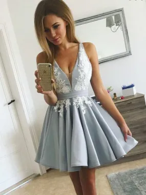 A-Line V-Neck Light Blue Satin Homecoming Dress With Appliques,Short Prom Dresses,BDY0328