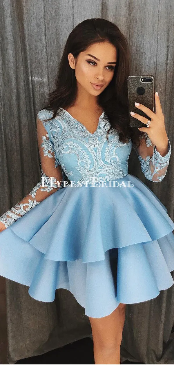 A-Line V-Neck Tiered Blue Satin Homecoming Dress,Short Prom Dresses,BDY0359