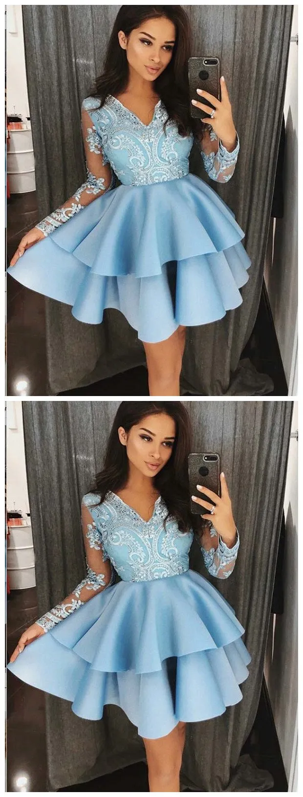 A-Line V-Neck Tiered Blue Satin Homecoming Dress,Short Prom Dresses,BDY0359