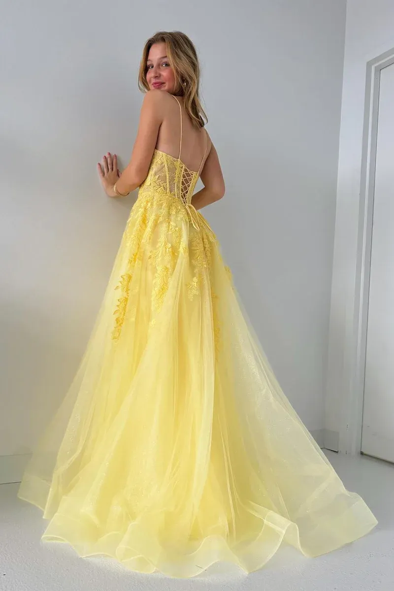 A-Line V Neck Yellow Tulle Lace Long Prom Dresses,BD93263