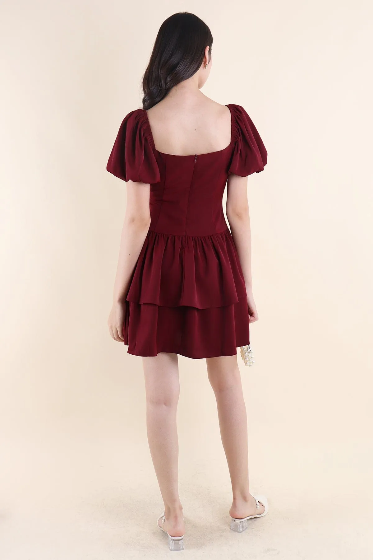 ABRIELLE BUSTIER DRESS IN WINE RED