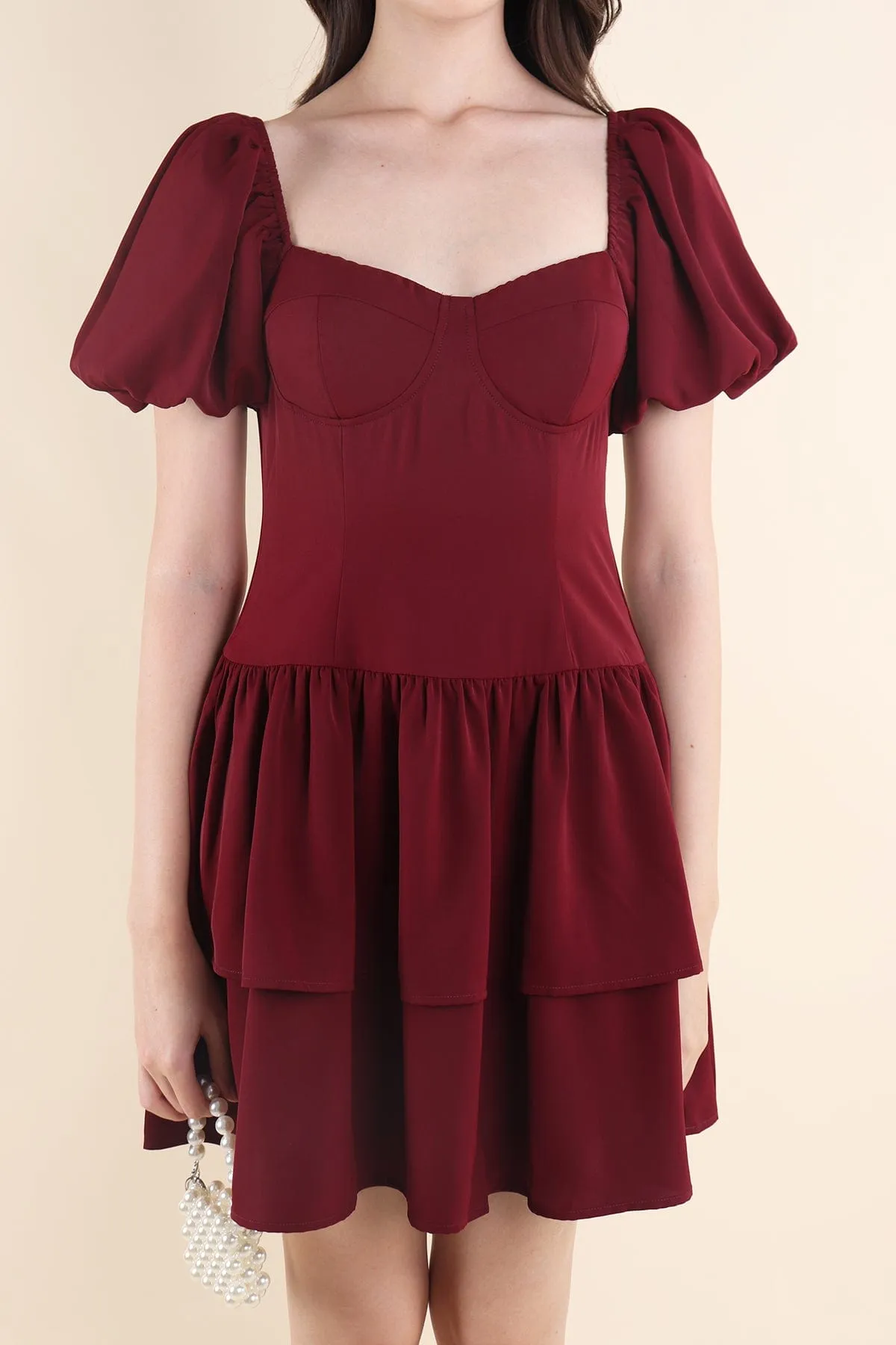 ABRIELLE BUSTIER DRESS IN WINE RED