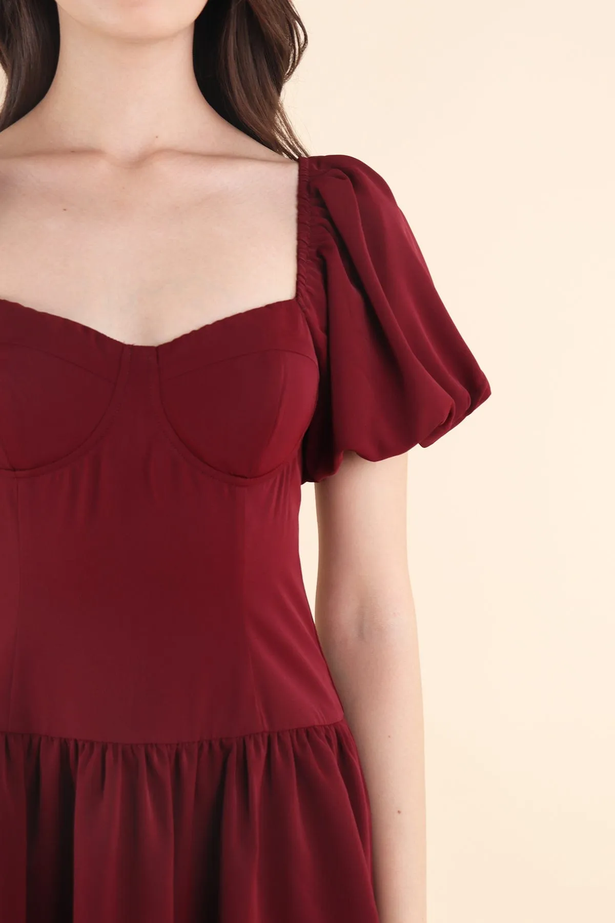 ABRIELLE BUSTIER DRESS IN WINE RED