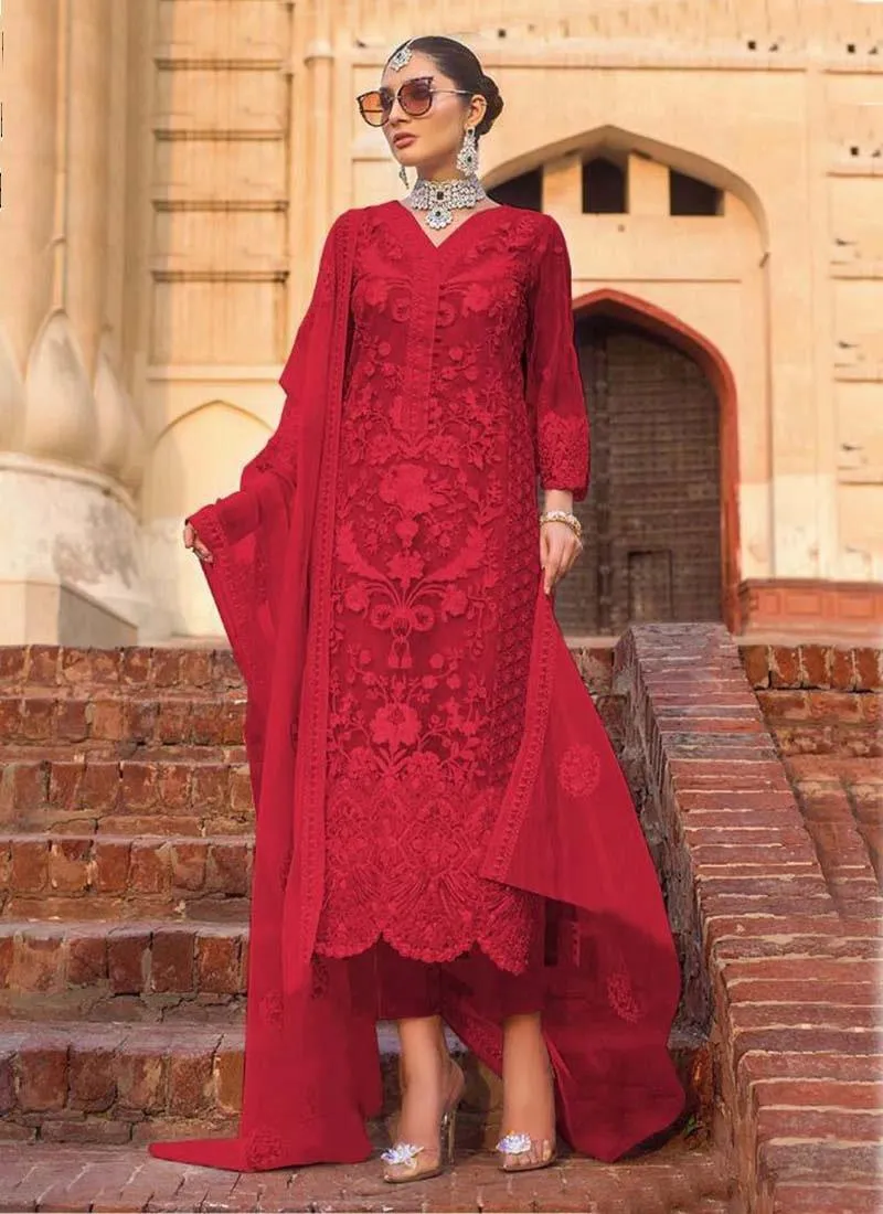 Adorable Look Red Color Soft Net Base Heavy Worked Pant Style Suit