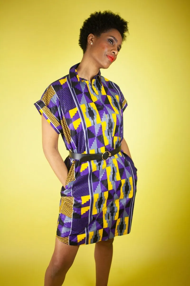 African Print Dress In Purple Kente