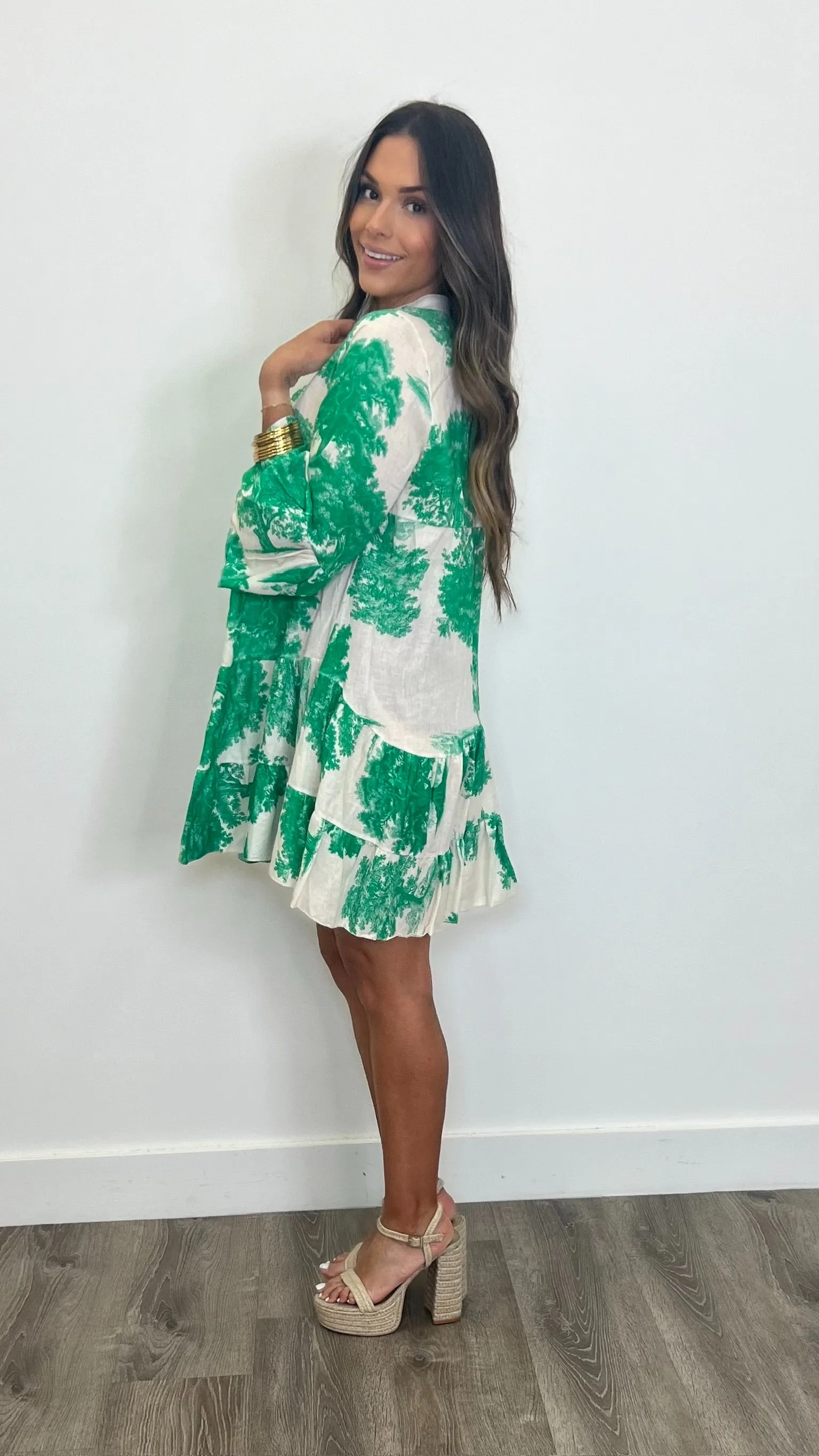 Albi Green And White Mini Lino Swing Dress