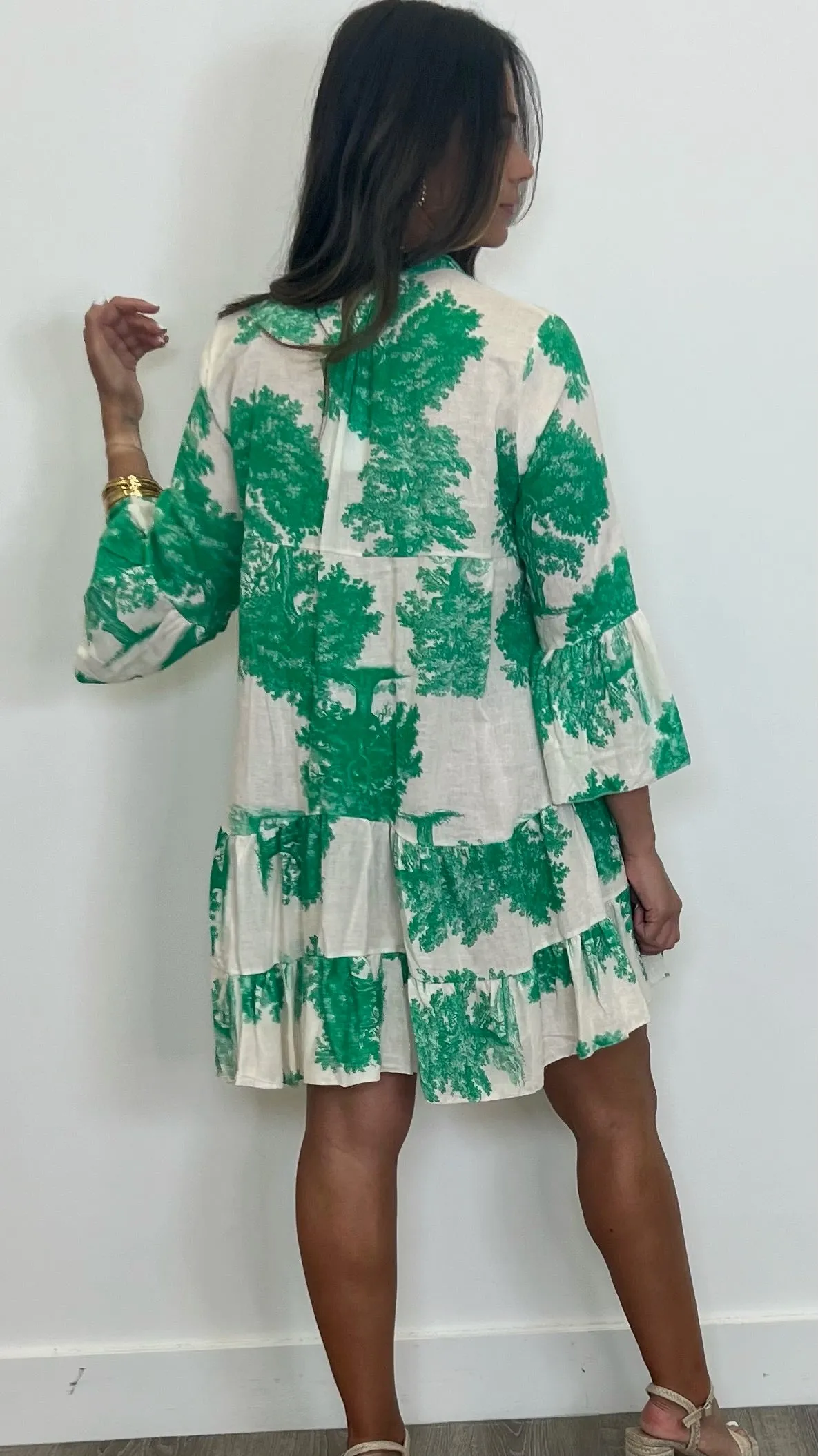 Albi Green And White Mini Lino Swing Dress