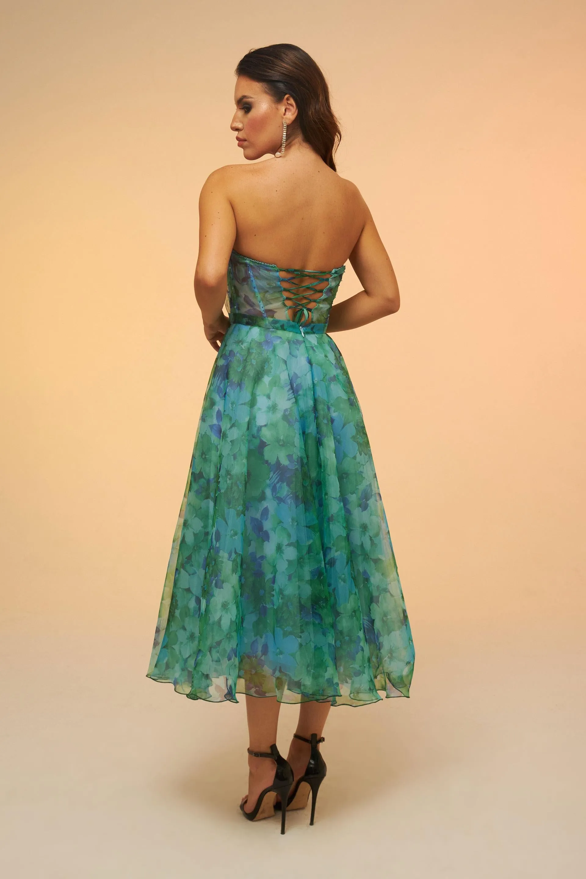 Angelino Green Printed Strapless Midi Evening Dress