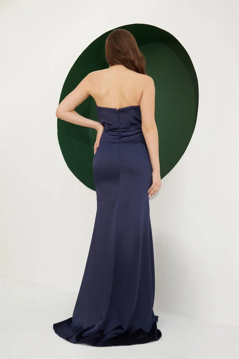 Angelino Navy Blue Satin Strapless Embroidered Long Evening Dress