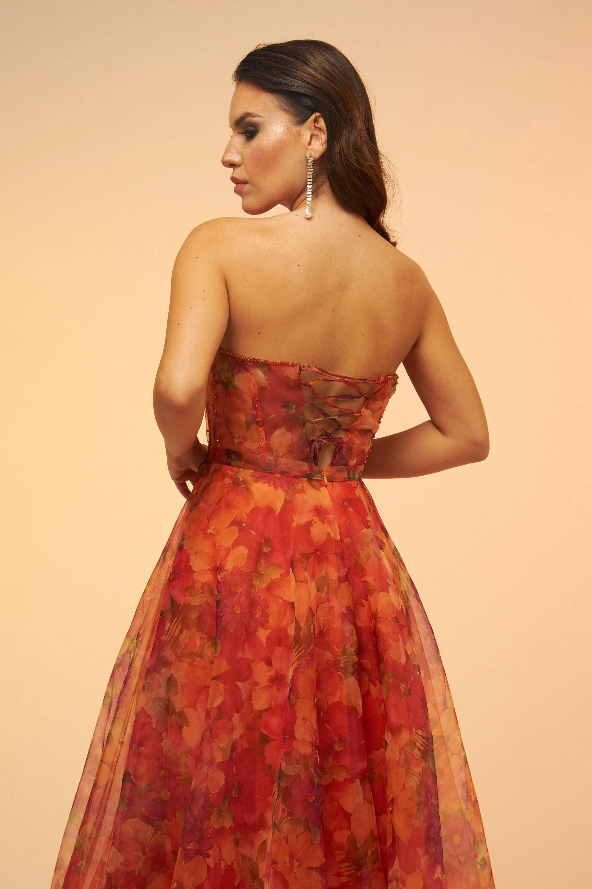 Angelino Orange Printed Strapless Midi Evening Dress