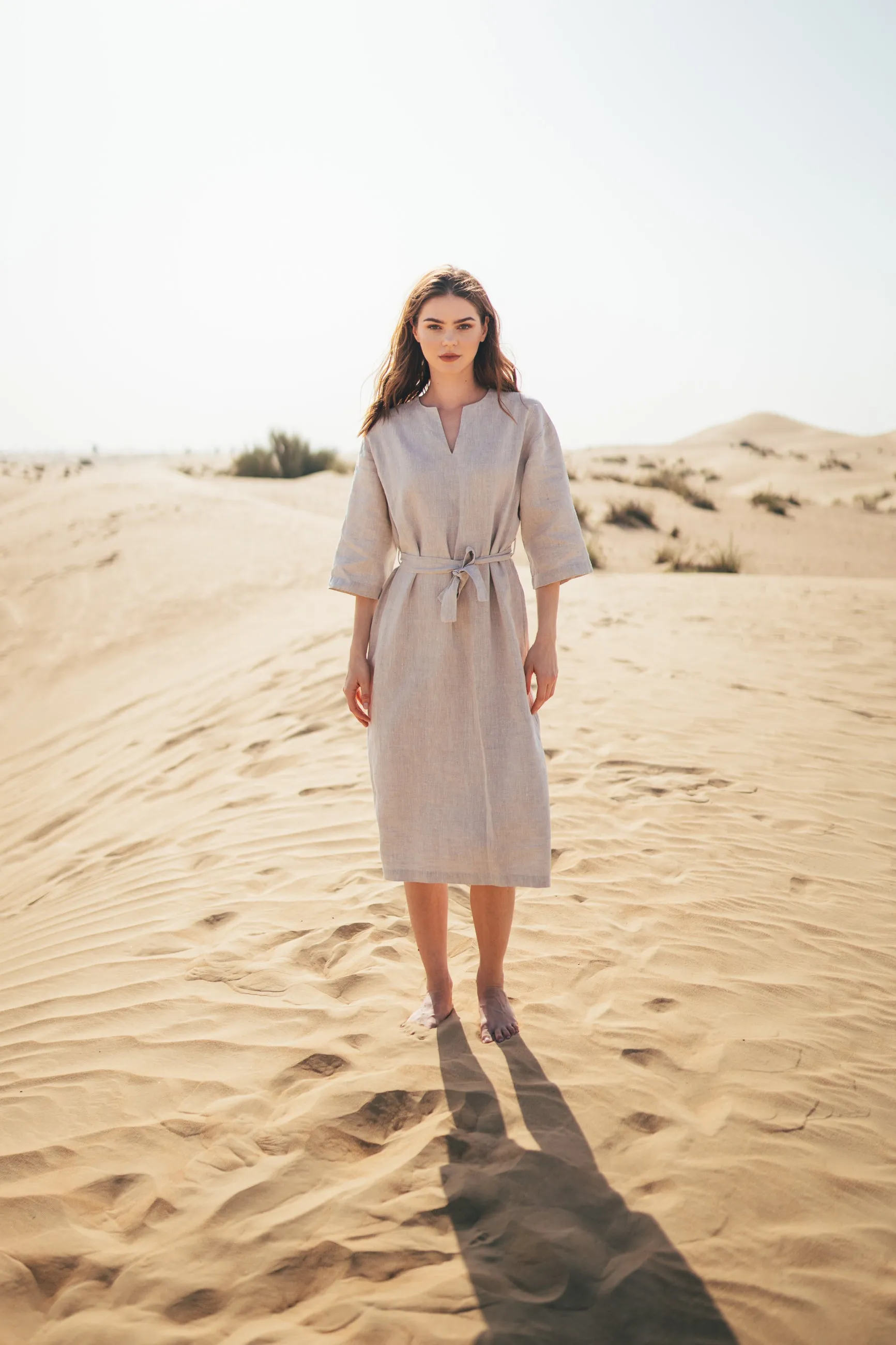 Aria Straight Belted Midi Linen Dress