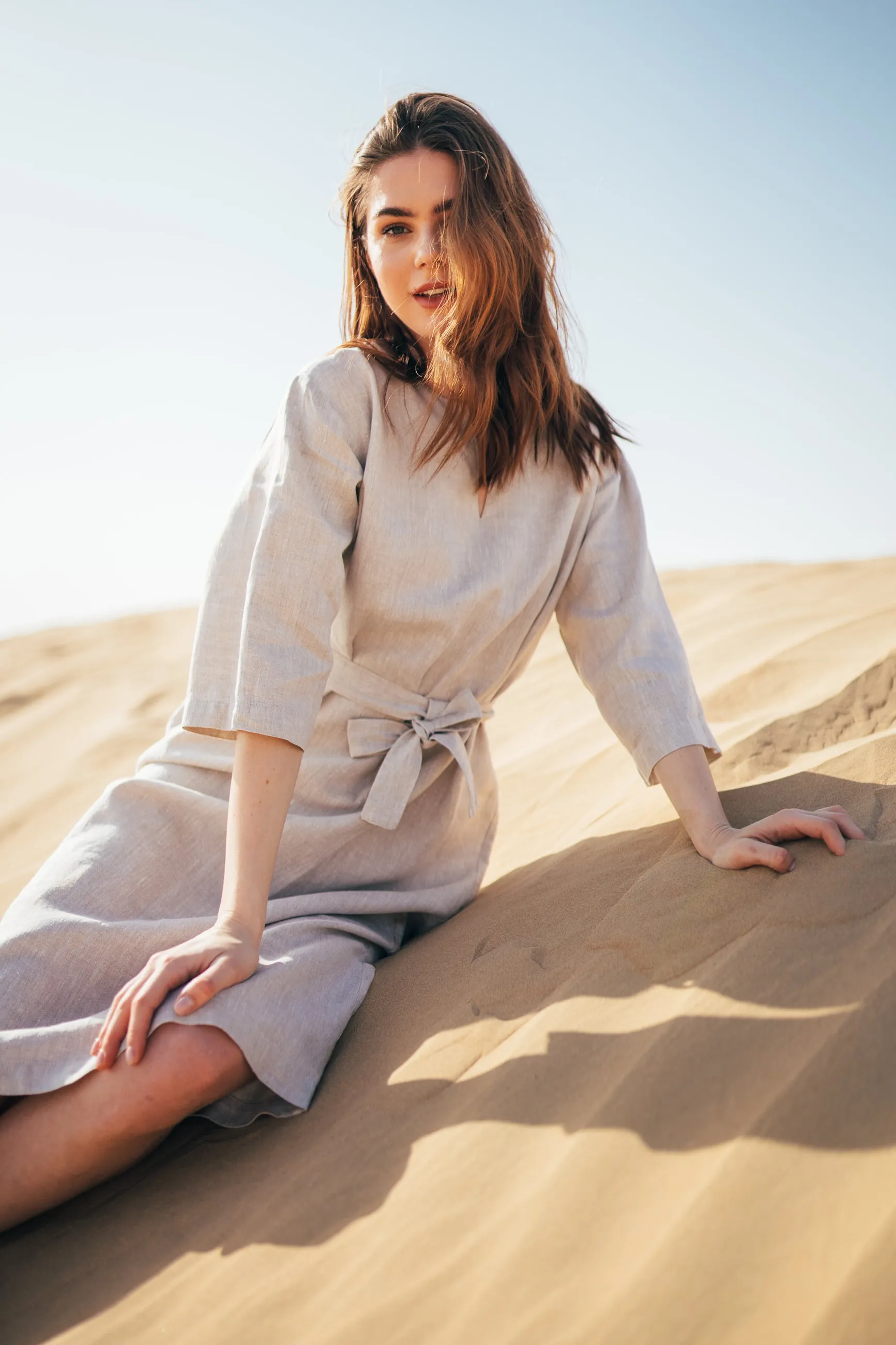 Aria Straight Belted Midi Linen Dress