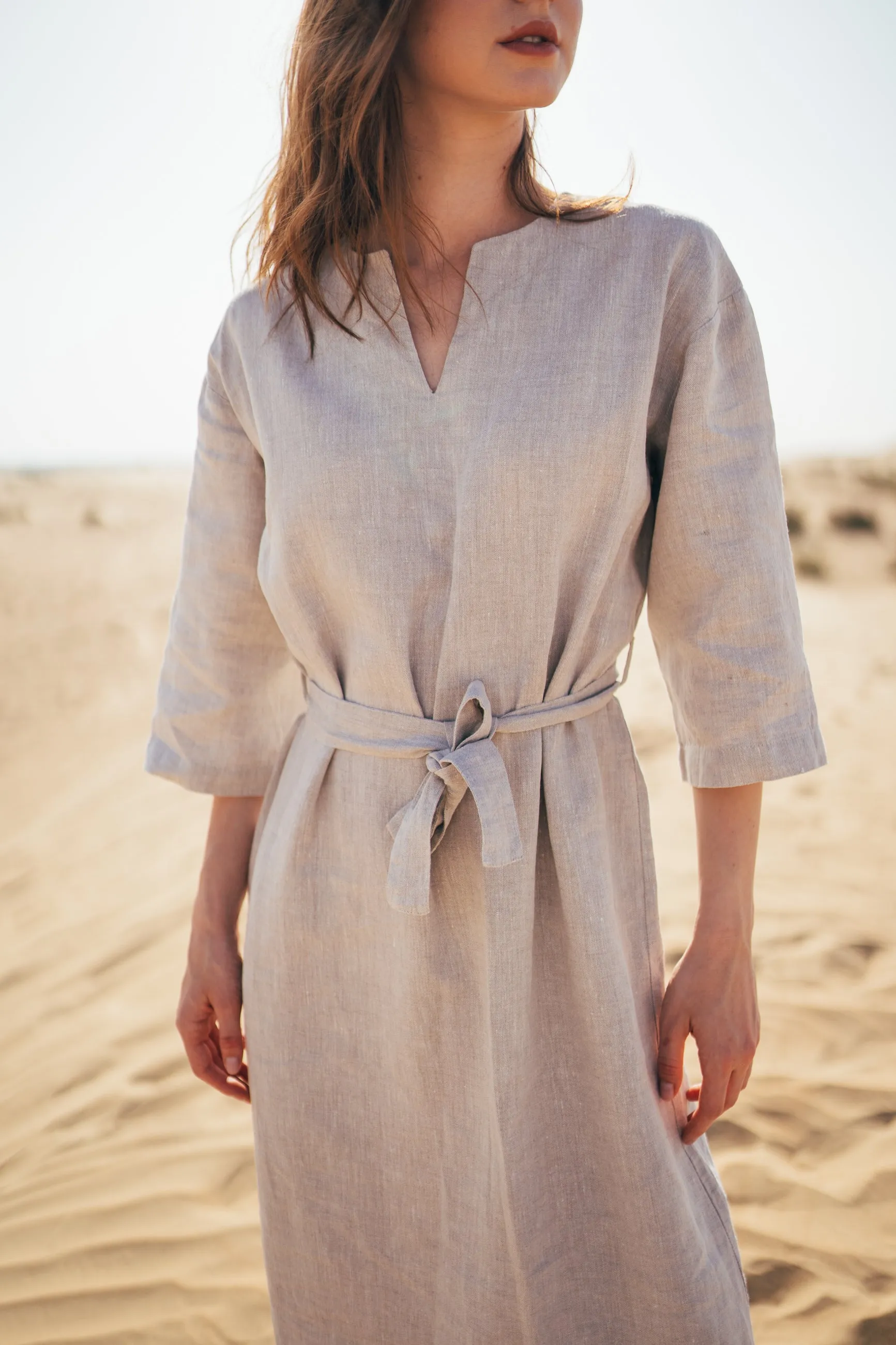 Aria Straight Belted Midi Linen Dress