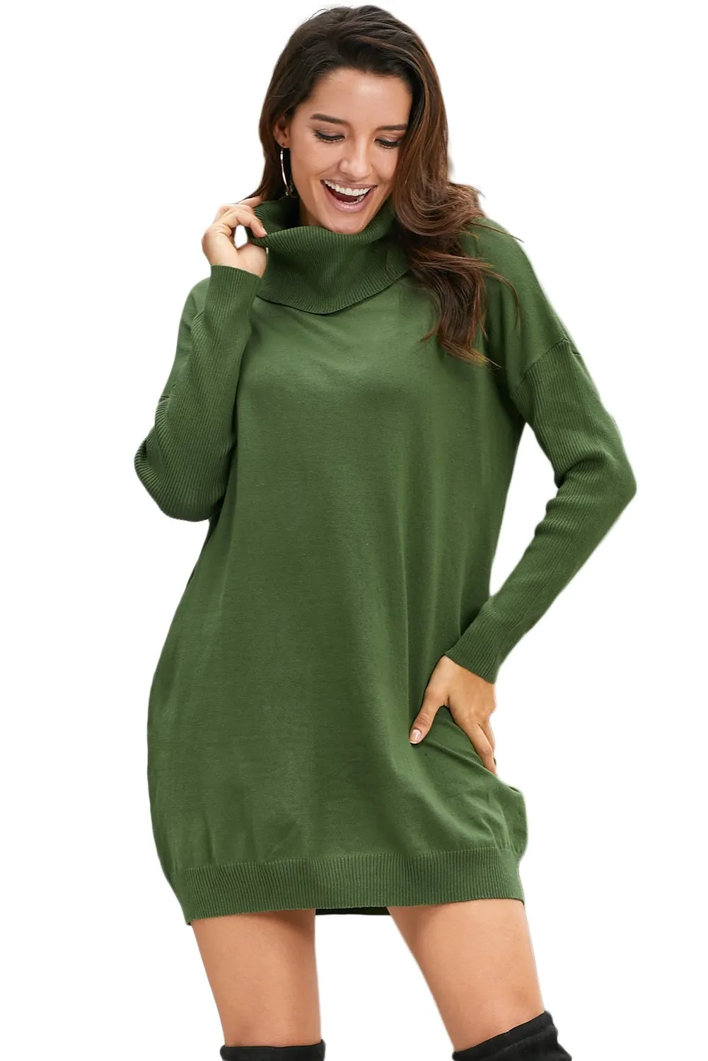 Army Green Ribbed Light Weight Sweater Dress