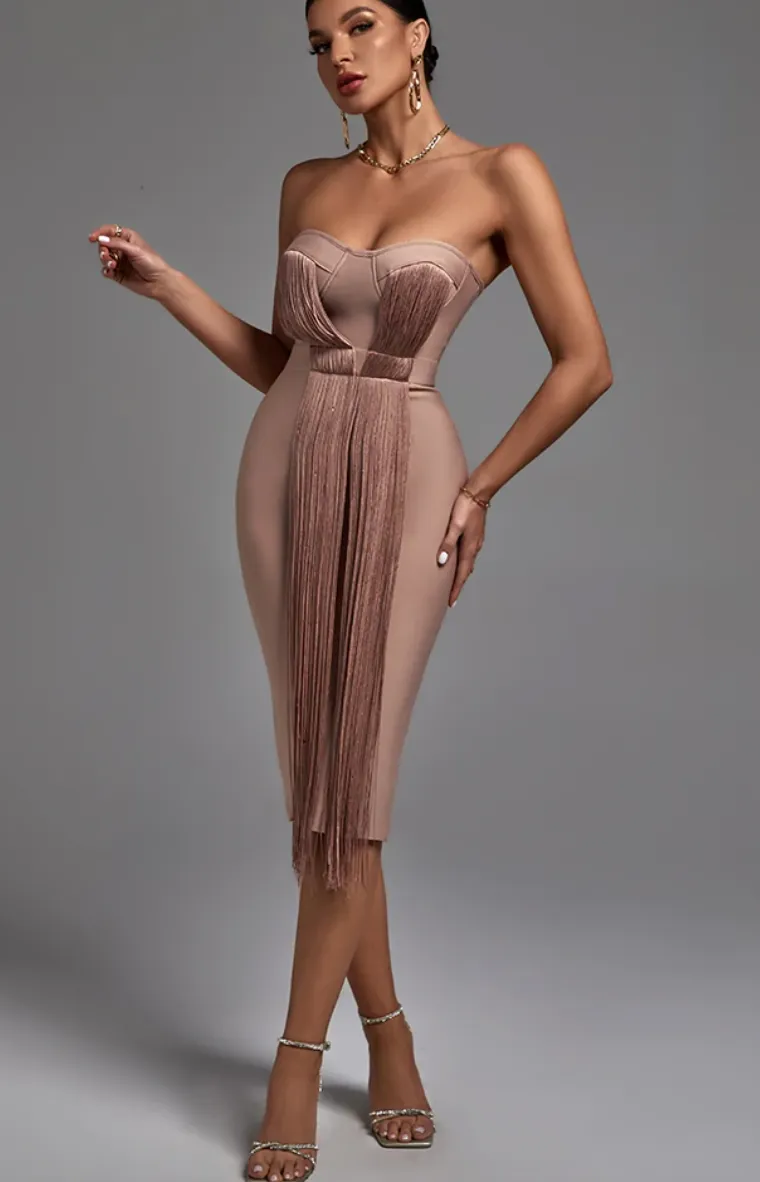 ASA Strapless Sleeveless Tassels Over Knee Bandage Dress