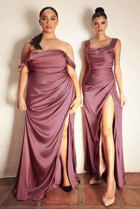 AVERY Satin Off Shoulder Cowl Neck Bridesmaids Maxi Dress with Side Split - Mauve Rose Pink