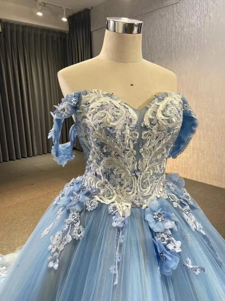 Ball Gown Blue Prom Dresses Lace Tulle Off Shoulder Evening Party Dress Y4561