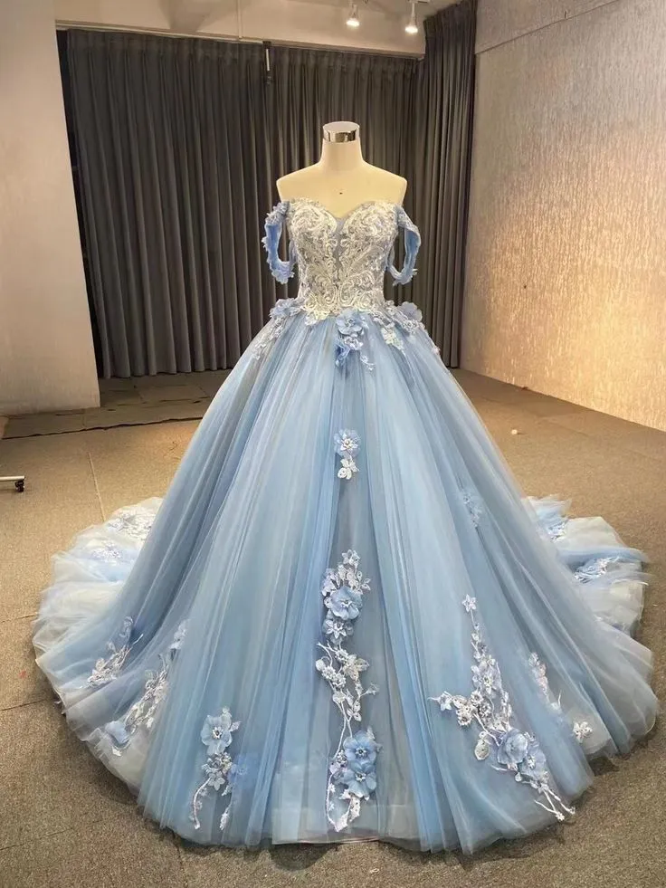 Ball Gown Blue Prom Dresses Lace Tulle Off Shoulder Evening Party Dress Y4561