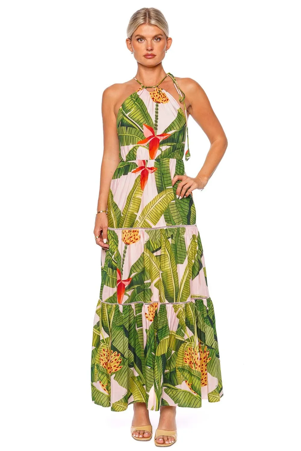 Sure! Heres an optimized title for the e-commerce product:

Exotic Banana Leaf Print Halter Maxi Dress – Boho Chic Summer Dress for Beach & Casual Events

This title includes modifiers that enhance its appeal while providing important details about the product.