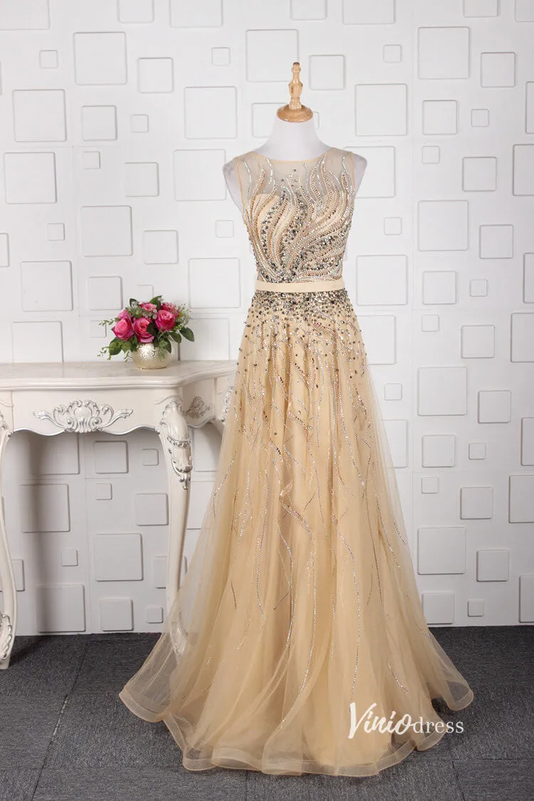 Beaded A-line Gold Prom Dress Feather Formal Evening Dress FD2672